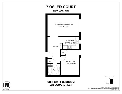 Floor plan for 1 bed, 1 bath, 681 sqft